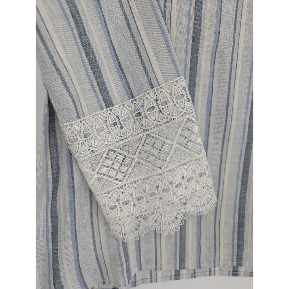 Etcetera Blue White Striped V Neck Linen Blend Tunic Lace Trim Coastal Preppy 10 - Picture 3 of 10